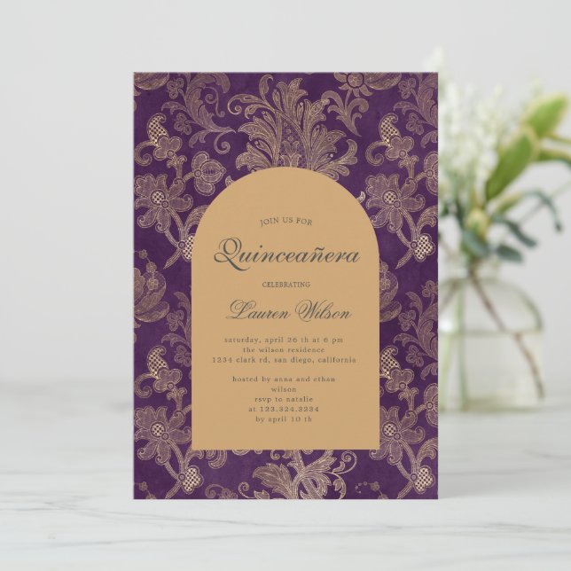 royal damask purple quinceanera photo card (Standing Front)