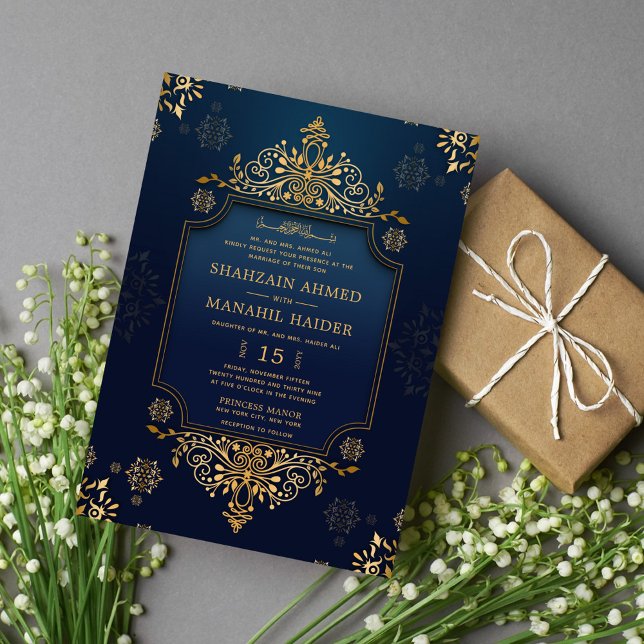Royal dark blue Gold Floral Elegant Muslim Wedding Invitation (Creator Uploaded)