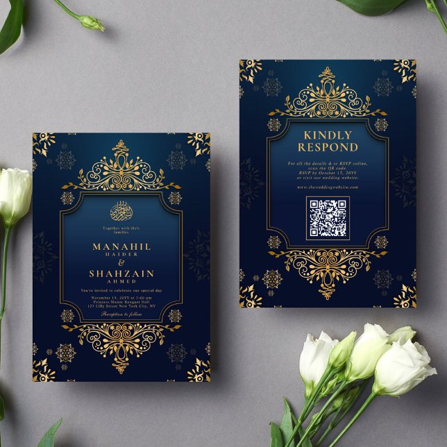 Royal dark blue Gold Floral QR Code Muslim Wedding Invitation (Creator Uploaded)