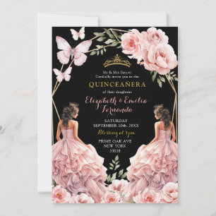 Royal Dark Blush Pink Twins Geometric Quinceañera Invitation