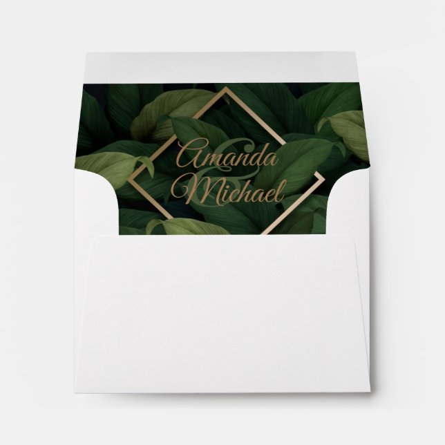 Royal Dark Green Leaves Gold Frame Wedding Envelope (Back (Bottom))