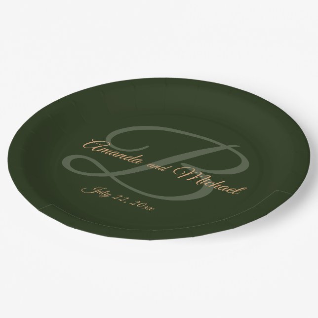 Royal Dark Green Leaves Gold Frame Wedding Paper Plate (Angled)