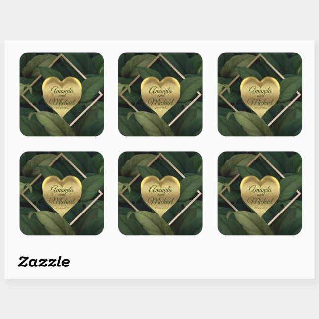 Royal Dark Green Leaves Gold Frame Wedding Square Sticker (Sheet)