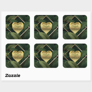 Royal Dark Green Leaves Gold Frame Wedding Square Sticker