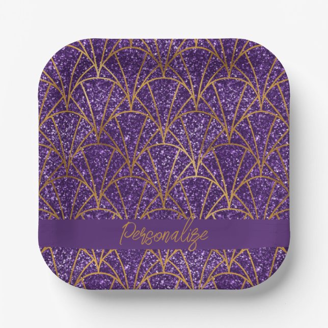 Royal Deco Purple Glitter Gold Geometric Elegant Paper Plate (Front)