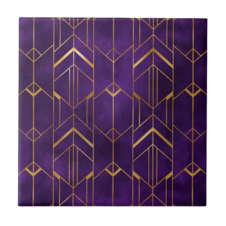 Royal Deco Purple Gold Abstract Geometric Pattern Tile