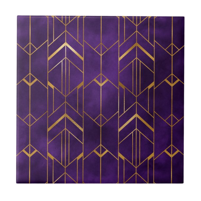 Royal Deco Purple Gold Abstract Geometric Pattern Tile (Front)