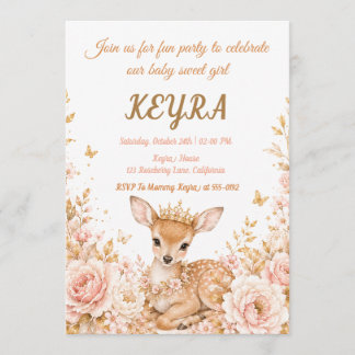 Royal Deer Floral Princess Birthday Party Invitation