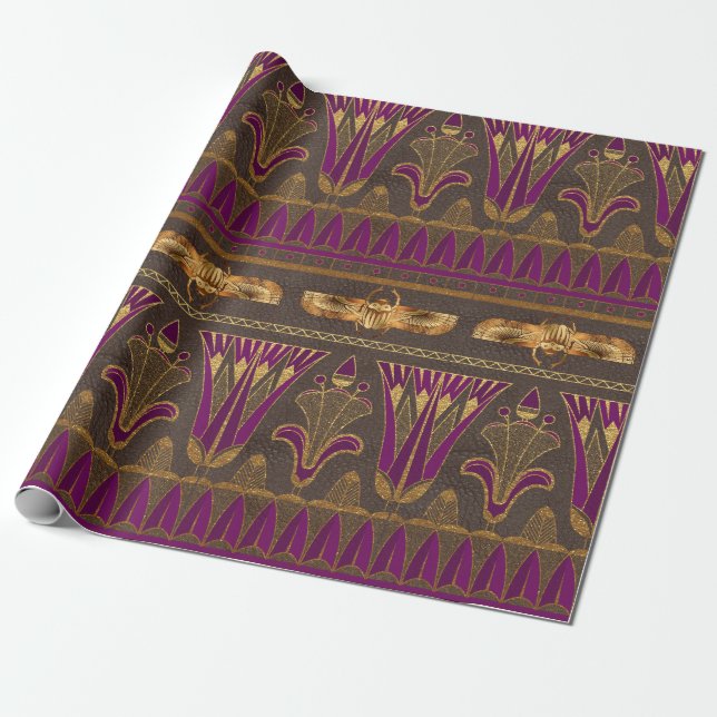 Royal Egyptian Floral and Winged Scarab Motif Wrapping Paper (Unrolled)