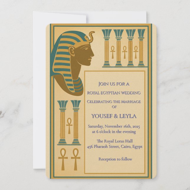 Royal Egyptian Pharaoh Motif Lotus Gold Invitation (Front)