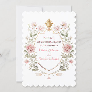 Royal Elegance Wedding Pink Florals Golden Crest Invitation