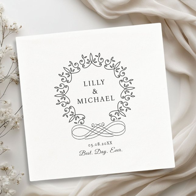 Royal, Elegant, "Best-Day-Ever" Wedding Napkin (Royal, Elegant, Classic "Best-Day-Ever" White Wedding Napkins with your name and date.)