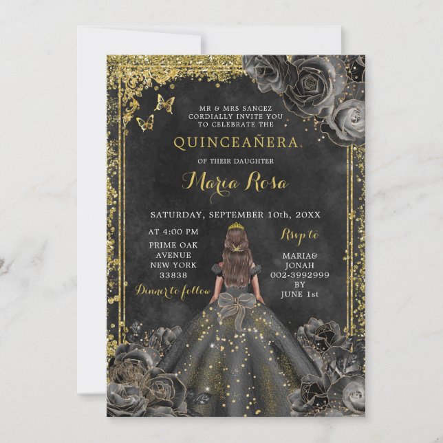 Royal Elegant Gold and Black Rose Quinceañera Invitation (Front)