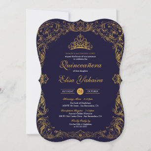 Royal Elegant Gold Navy Blue Fairytale Quinceanera Invitation