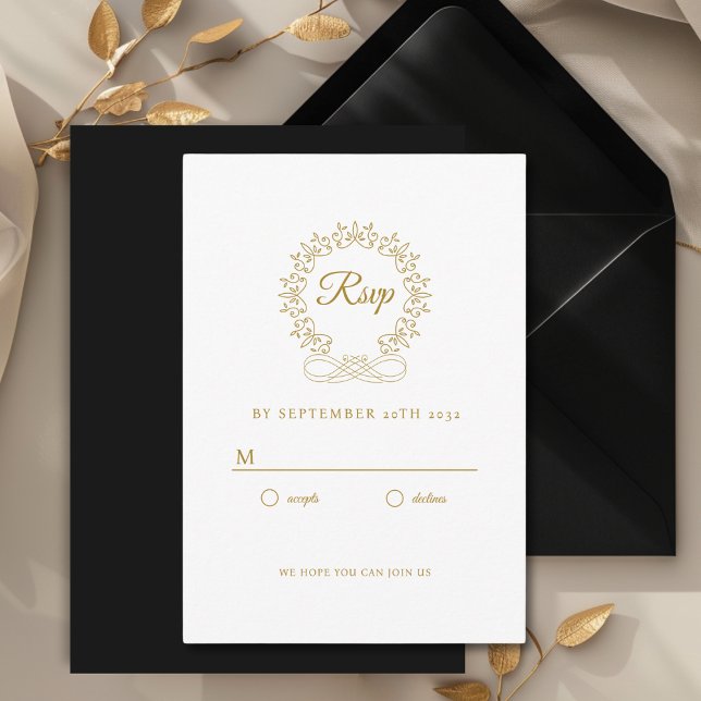 Royal, Elegant, Wedding RSVP  Enclosure Card (Royal, Elegant, Classic, Crest, Wedding Invitation Wedding RSVP. White and Gold-Beige.)