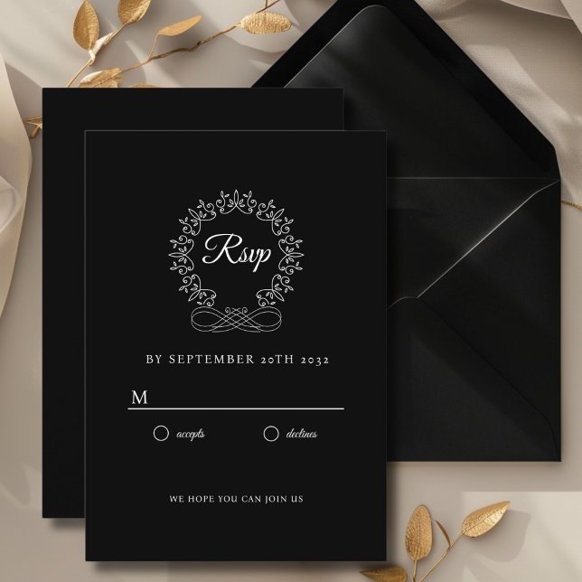 Royal, Elegant, Wedding RSVP  Enclosure Card (Royal, Elegant, Classic, Crest, Wedding Invitation Wedding RSVP. White and Black.)