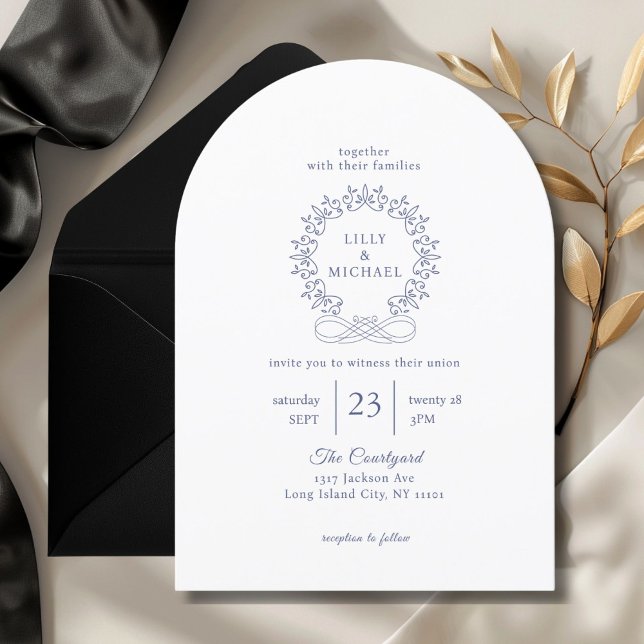 Royal, Elegant, White, Wedding Invitation (Royal, Elegant, White, Wedding Invitation. Crest, handwriting font.)