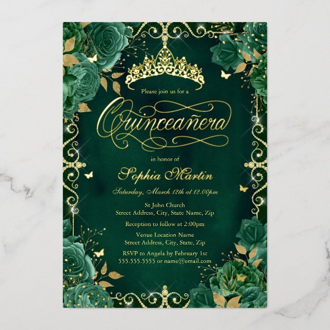Royal Emerald Gold Butterfly Rose Quinceanera (Front)