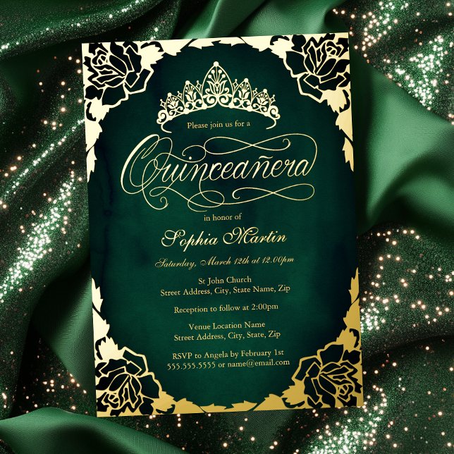 Royal Emerald Gold Elegant Script Quinceanera  (Creator Uploaded)