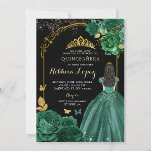 Royal Emerald Green Black Girl's Quinceañera Invitation