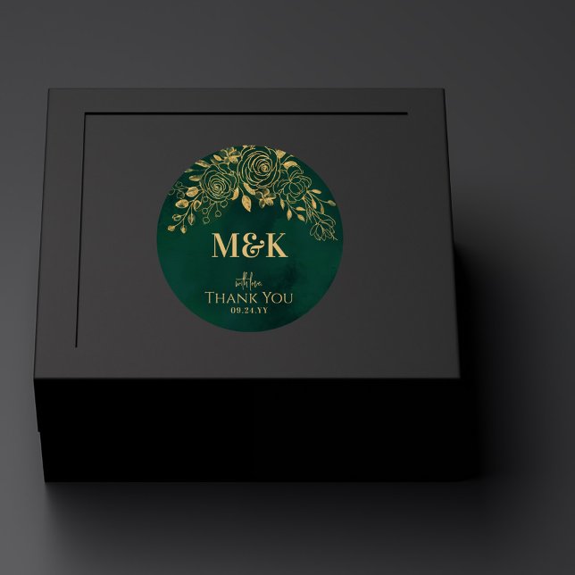 Royal Emerald Green Gold Floral Monogram Thank You Classic Round Sticker (Creator Uploaded)