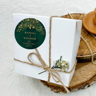 Royal Emerald Green Gold Floral Wedding Thank You Classic Round Sticker