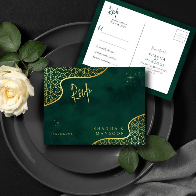 Royal Emerald Green Gold Glitter Wedding RSVP Postcard (Creator Uploaded)