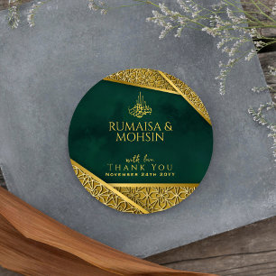 Royal Emerald Green Gold Islamic Wedding Thank You Classic Round Sticker