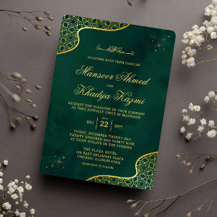 Royal Emerald Green Gold Ornate Islamic Wedding Invitation