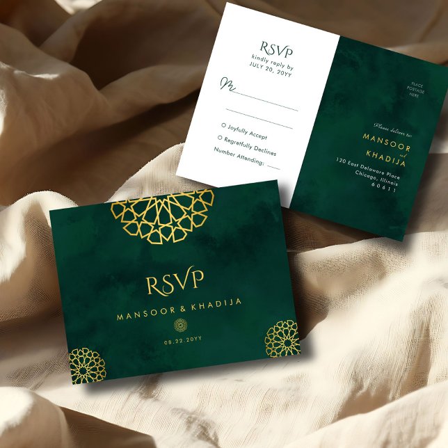 Royal Emerald Green Gold Ornate Wedding RSVP Postcard (Creator Uploaded)