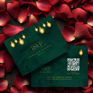 Royal Emerald Green Golden Lights QR Wedding RSVP Enclosure Card