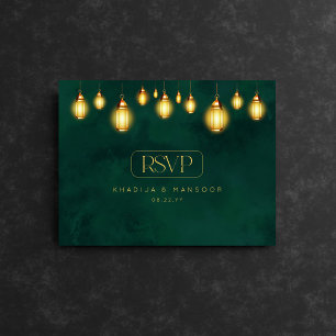 Royal Emerald Green Golden Lights Wedding RSVP Postcard
