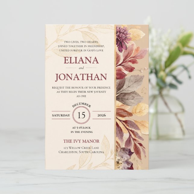 Royal Emerald Leaf Wedding Invitation (Standing Front)