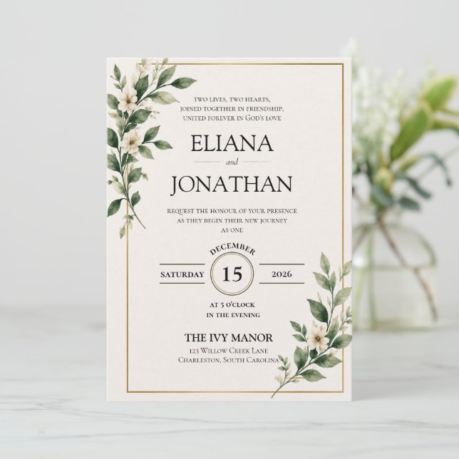 Royal Emerald Leaf Wedding Invitation (Standing Front)