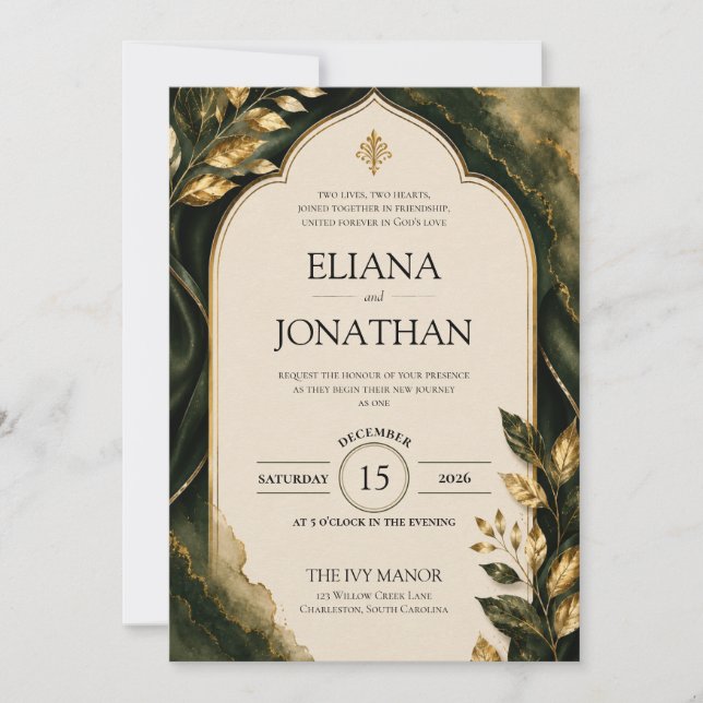 Royal Emerald Leaf Wedding Invitation (Front)