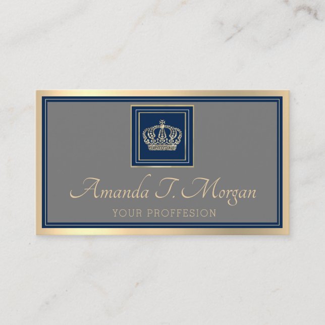Royal Event Wedding Golden Crown Frame Grey Navy Business Card (Front)