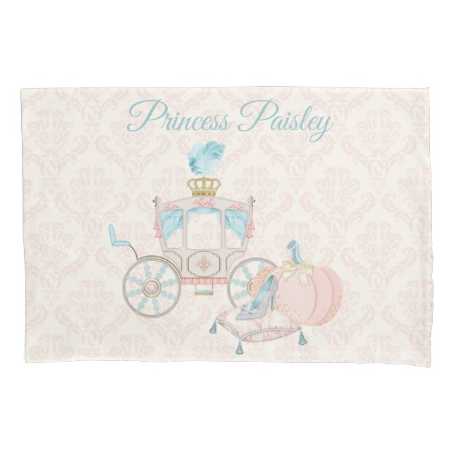 Royal Fairytale Princess Carriage Blush Ivory Aqua Pillowcase (Front)