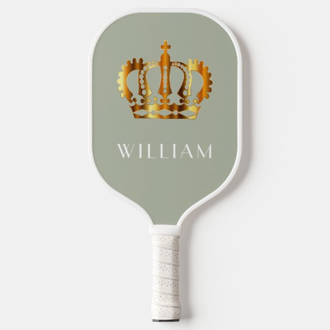 Royal Faux Gold Crown Sage Green Customised Name Pickleball Paddle (Front)