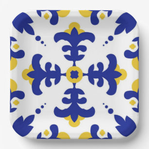 Royal Fleur Bold Blue and Gold Botanical Paper Plate