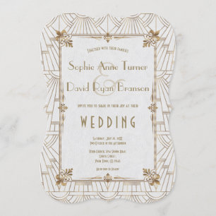 Royal Fleur-de-Lis Art Deco Gold White 20s Wedding Invitation