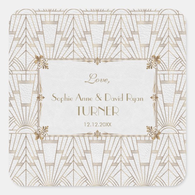 Royal Fleur-de-Lis Art Deco Gold White 20s Wedding Square Sticker (Front)