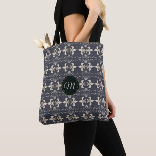 Royal fleur-de-lis navy pattern.monogram. tote bag