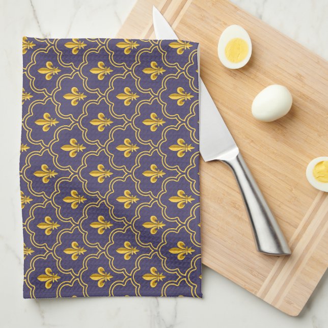 Royal Fleur-de-Lis Purple and Gold Pattern Tea Towel (Quarter Fold)