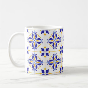 Royal Fleur Elegant Blue and Gold Botanical Mosaic Coffee Mug