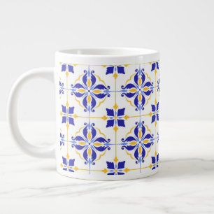 Royal Fleur Elegant Blue and Gold Botanical Mosaic Large Coffee Mug