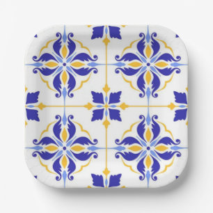 Royal Fleur Elegant Blue and Gold Botanical Mosaic Paper Plate