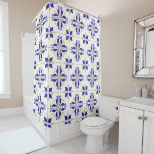 Royal Fleur Elegant Blue and Gold Botanical Mosaic Shower Curtain