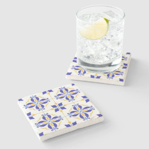Royal Fleur Elegant Blue and Gold Botanical Mosaic Stone Coaster