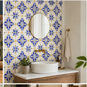 Royal Fleur Elegant Blue and Gold Botanical Mosaic Tile