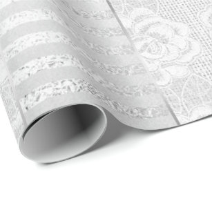 Royal Floral Roses Silver White Lace Stripes Linen Wrapping Paper